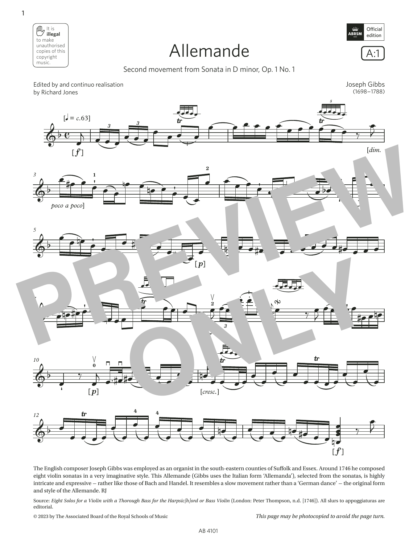 Joseph Gibbs Allemande (Grade 7, A1, from the ABRSM Violin Syllabus from 2024) sheet music notes and chords arranged for Violin Solo