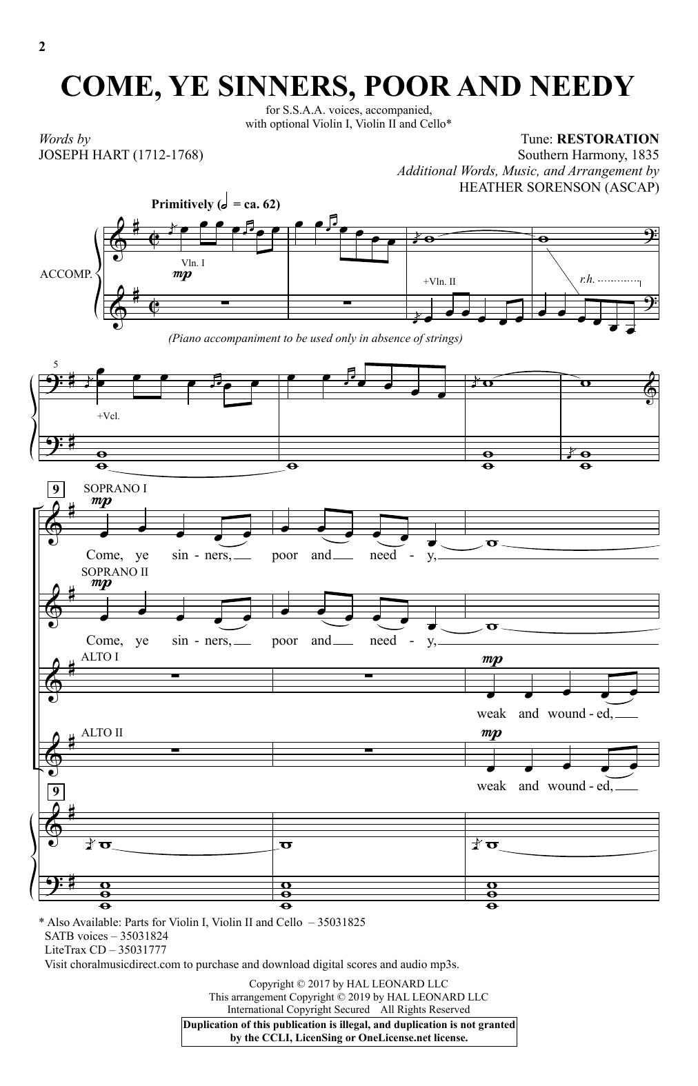 Joseph Hart and Heather Sorenson Come, Ye Sinners, Poor And Needy (arr. Heather Sorenson) sheet music notes and chords arranged for SSA Choir