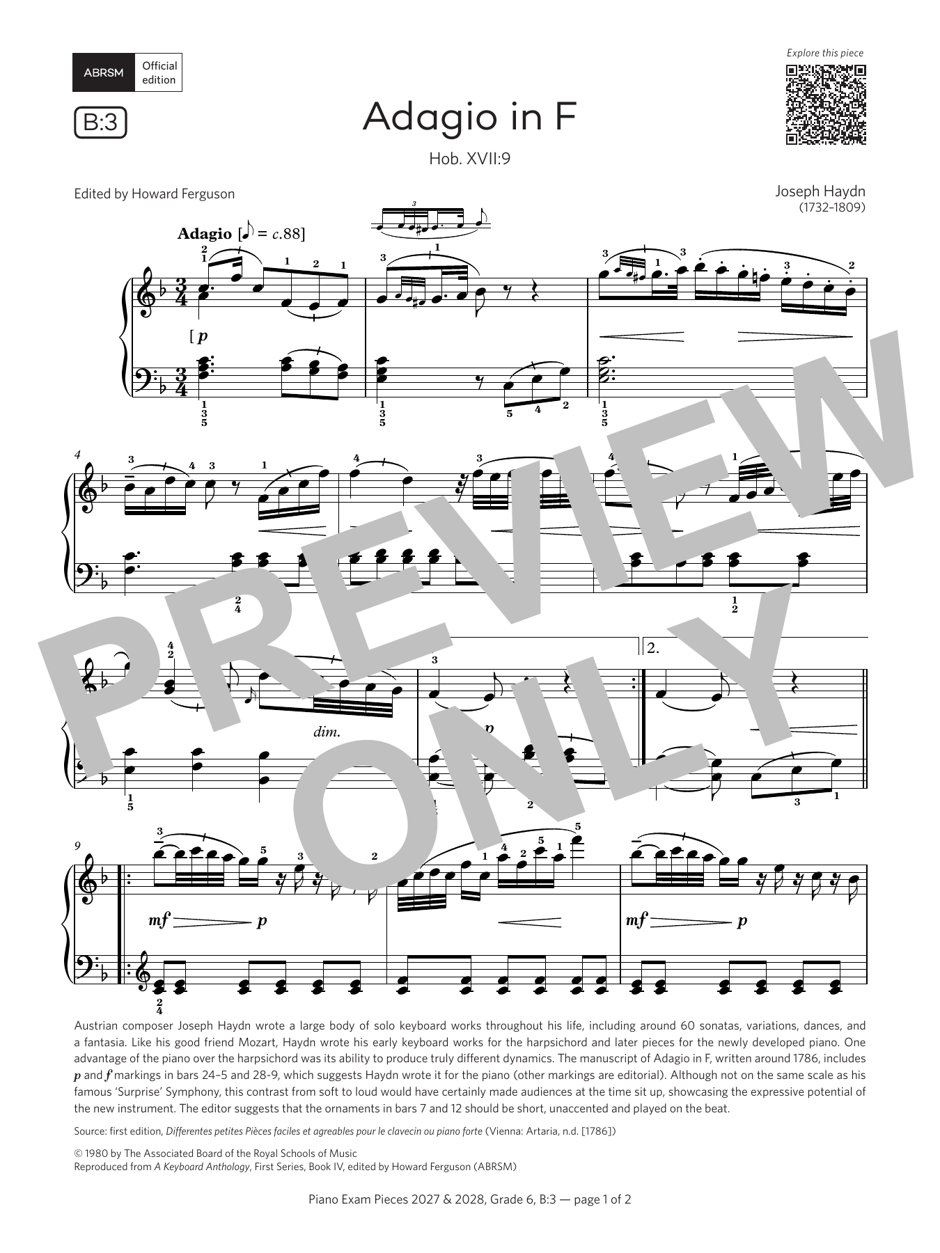 Joseph Haydn Adagio in F (Grade 6, list B3, from the ABRSM Piano Syllabus 2027 & 2028) sheet music notes and chords arranged for Piano Solo