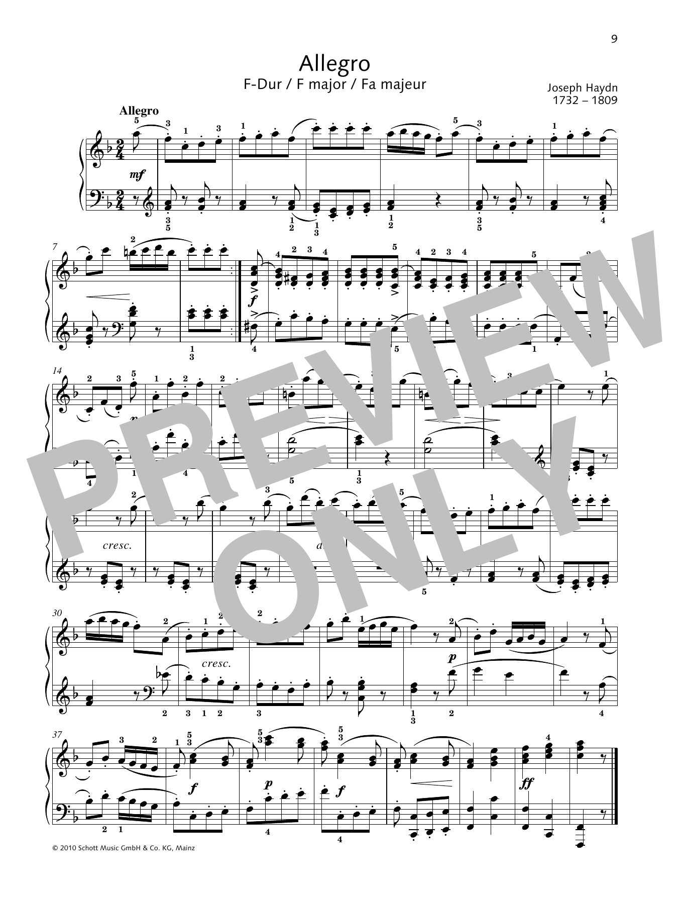 Joseph Haydn Allegro F major sheet music notes and chords arranged for Piano Solo