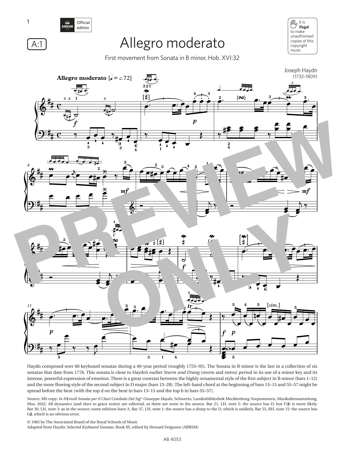 Joseph Haydn Allegro moderato (Grade 7, list A1, from the ABRSM Piano Syllabus 2023 & 2024) sheet music notes and chords arranged for Piano Solo