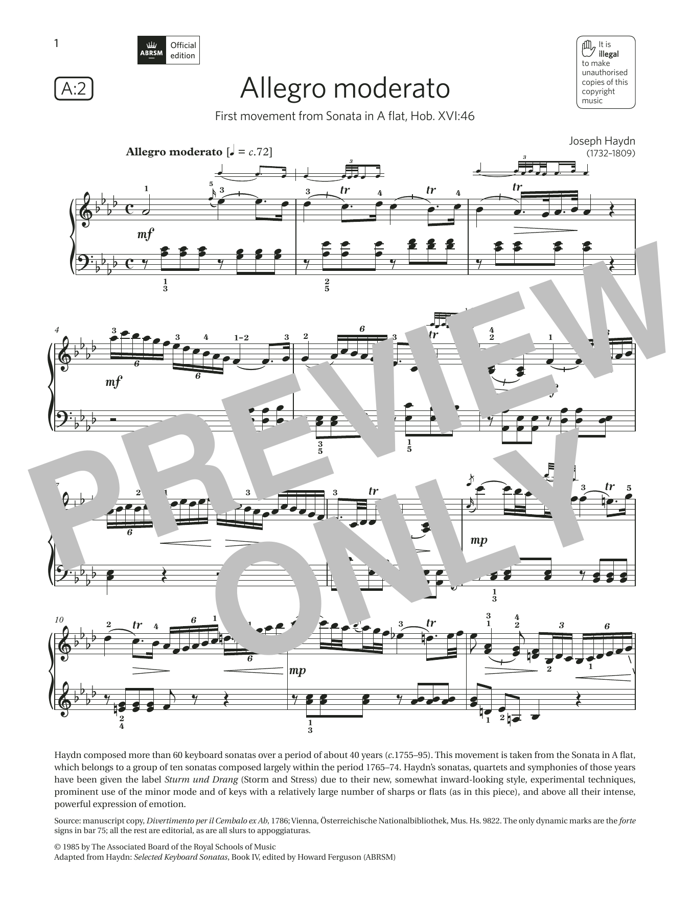 Joseph Haydn Allegro moderato (Grade 8, list A2, from the ABRSM Piano Syllabus 2021 & 2022) sheet music notes and chords arranged for Piano Solo
