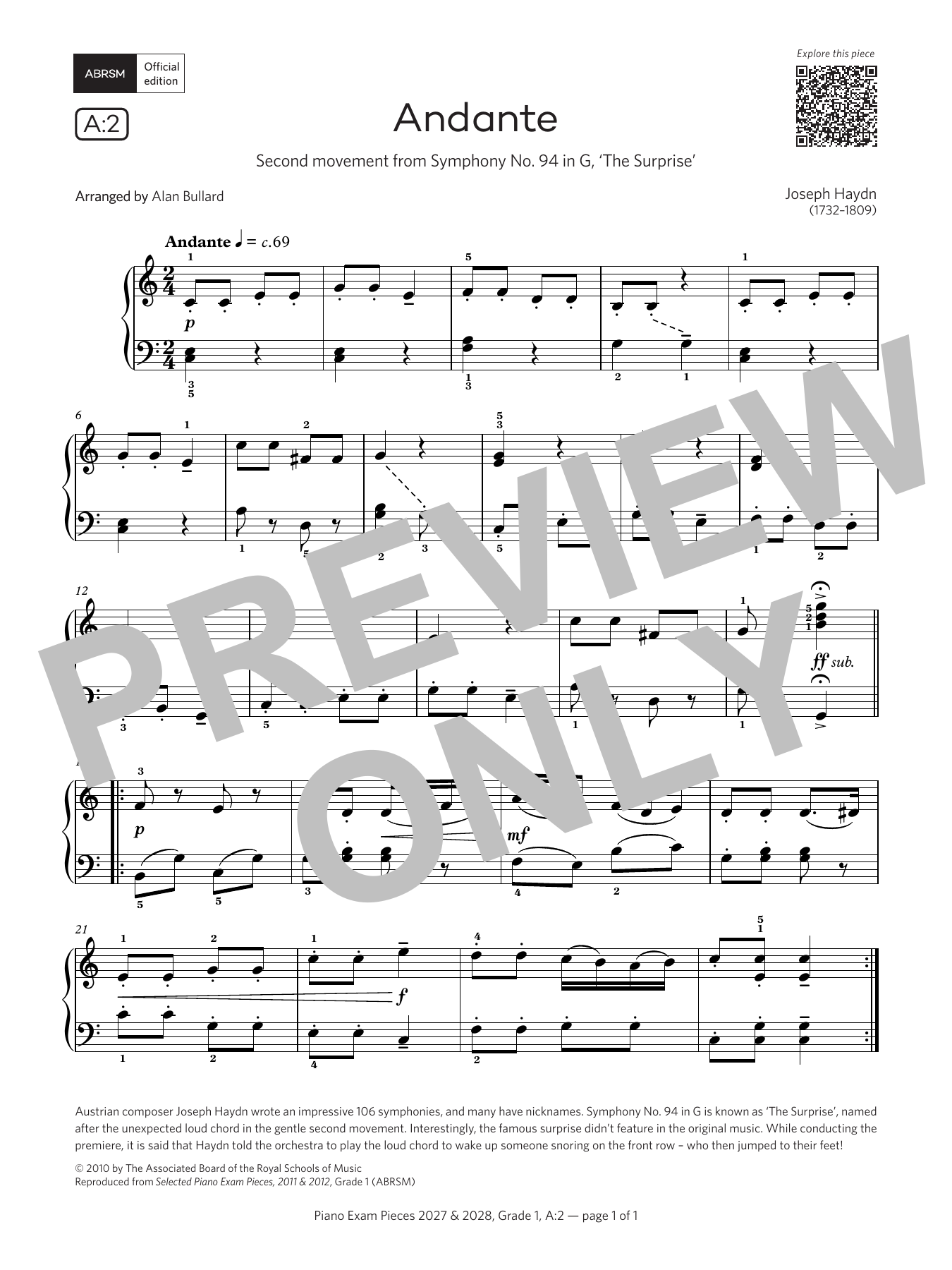 Joseph Haydn Andante (Grade 1, list A2, from the ABRSM Piano Syllabus 2027 & 2028) sheet music notes and chords arranged for Piano Solo