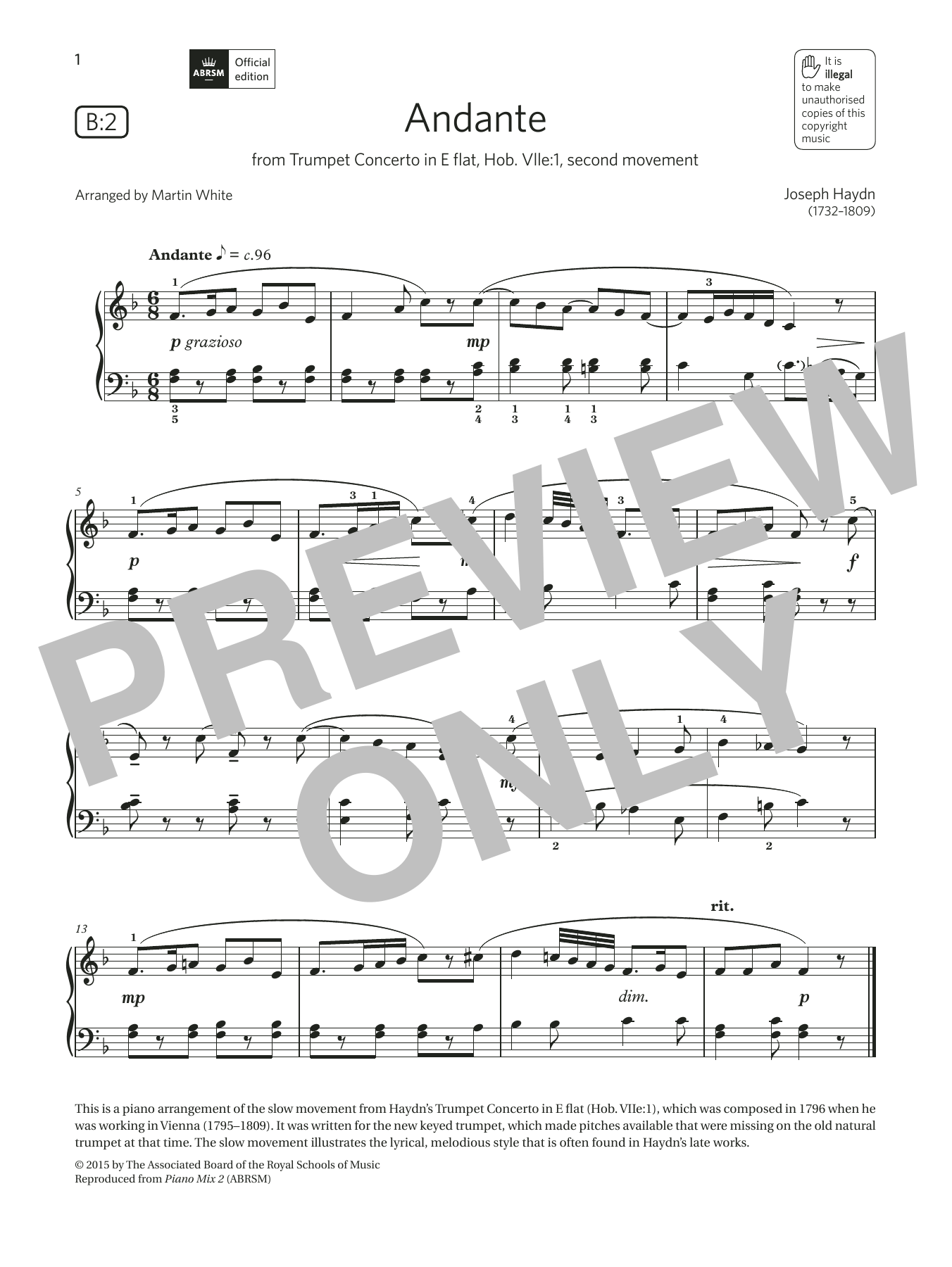 Joseph Haydn Andante (Grade 3, list B2, from the ABRSM Piano Syllabus 2021 & 2022) sheet music notes and chords arranged for Piano Solo