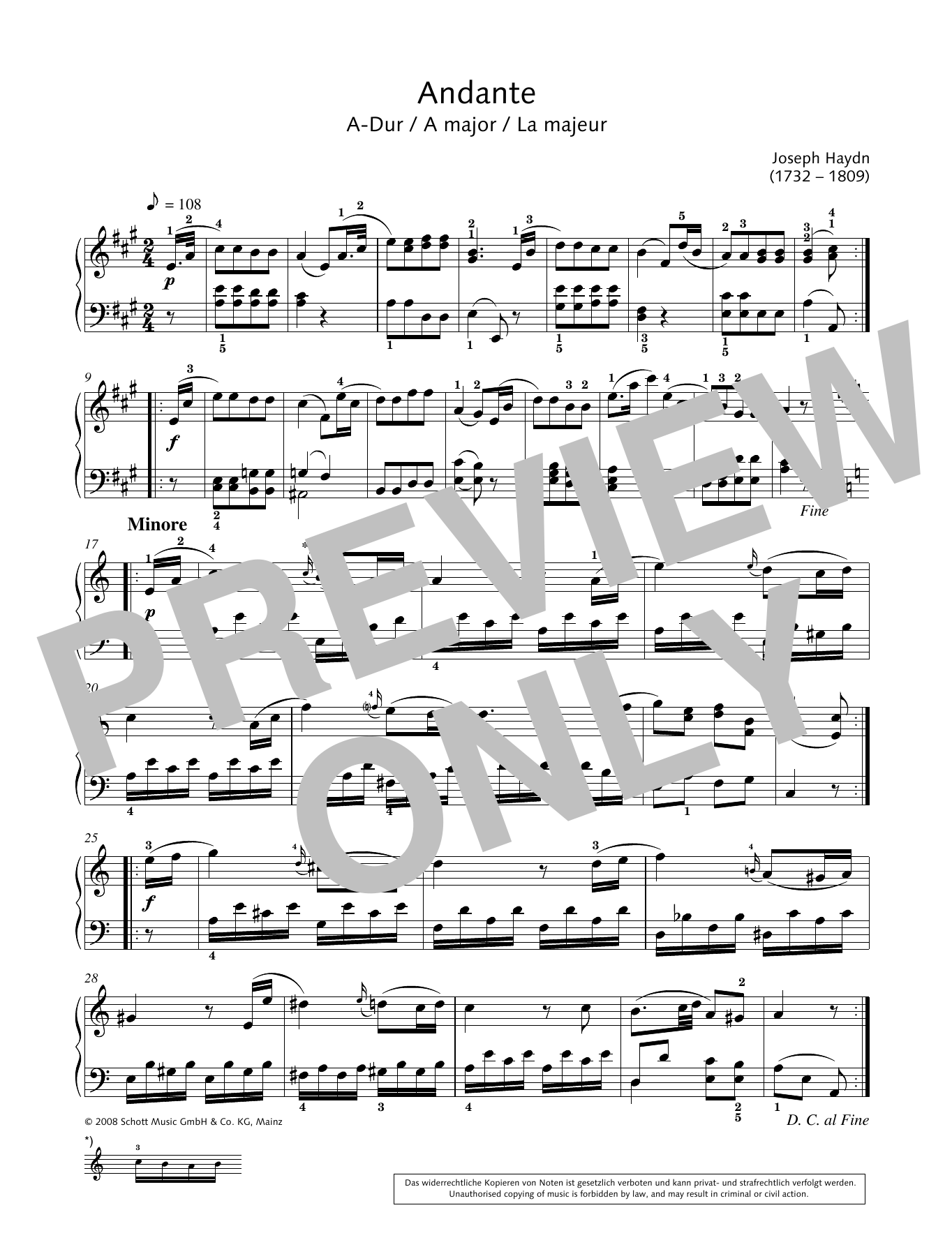 Joseph Haydn Andante in A major sheet music notes and chords arranged for Piano Solo