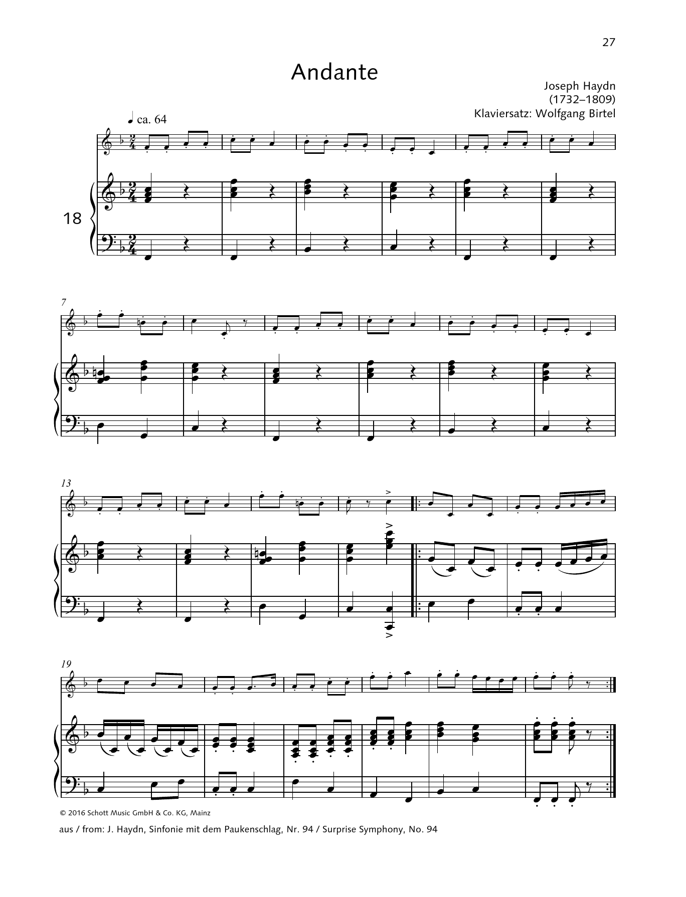 Joseph Haydn Andante sheet music notes and chords arranged for Woodwind Solo
