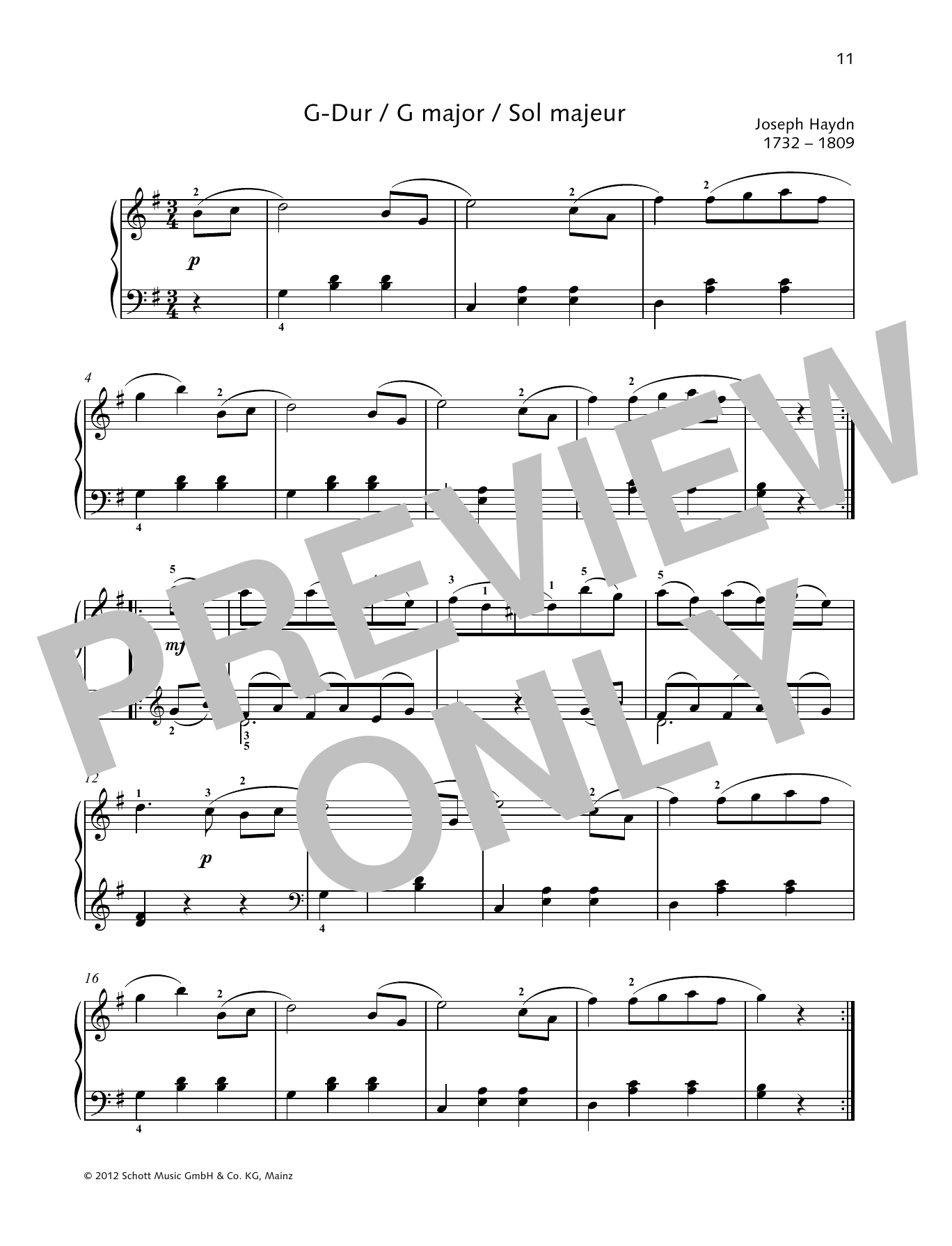 Joseph Haydn German Dance G major sheet music notes and chords arranged for Piano Solo