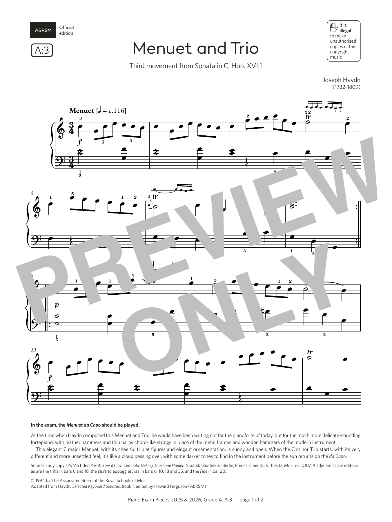Joseph Haydn Menuet and Trio (Grade 4, list A3, from the ABRSM Piano Syllabus 2025 & 2026) sheet music notes and chords arranged for Piano Solo