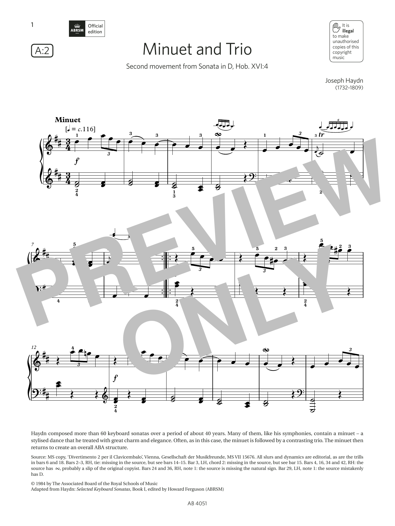 Joseph Haydn Minuet and Trio (Grade 5, list A2, from the ABRSM Piano Syllabus 2023 & 2024) sheet music notes and chords arranged for Piano Solo