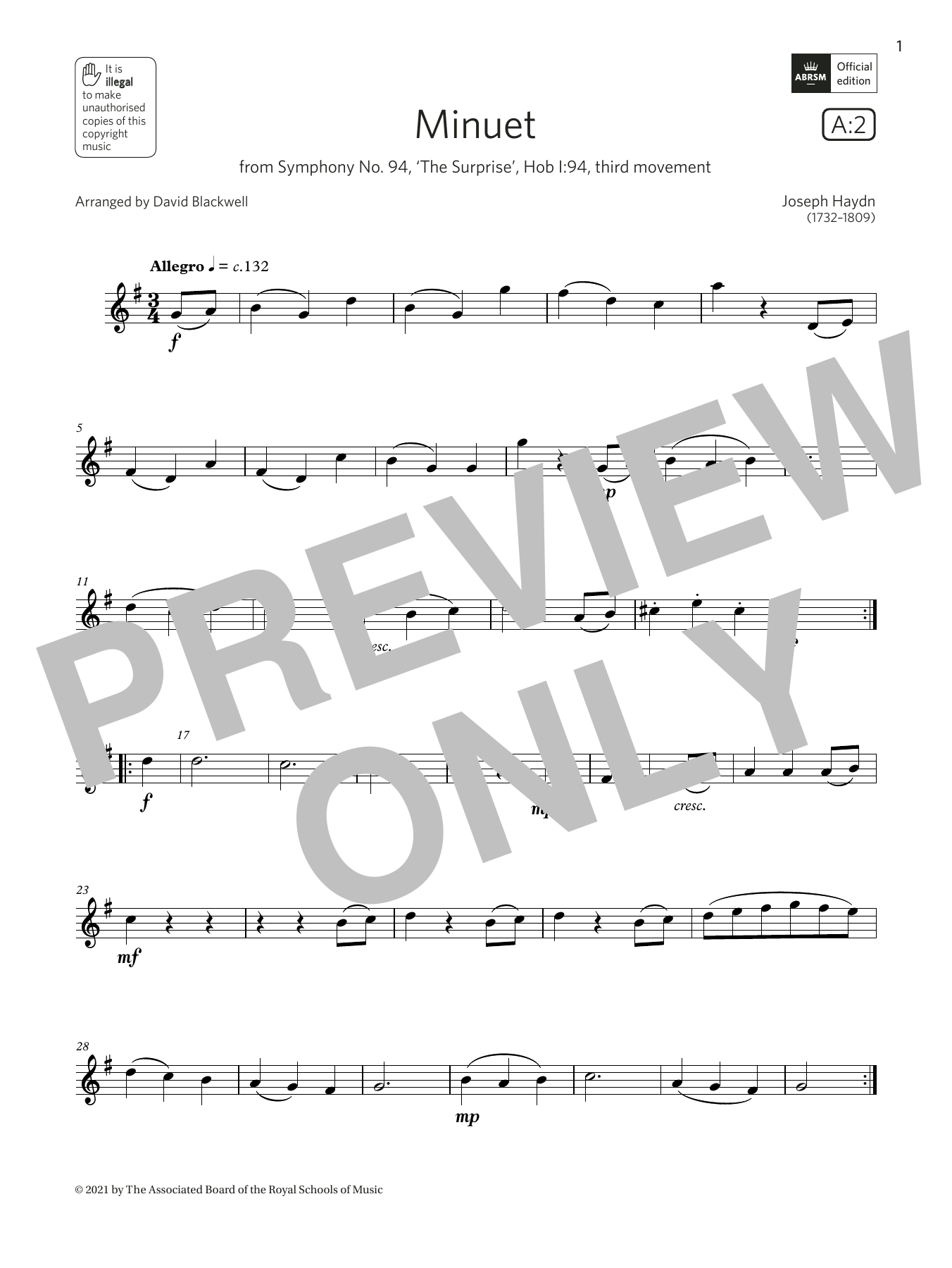 Joseph Haydn Minuet (from Symphony No. 94)  (Grade 1 List A2 from the ABRSM Flute syllabus from 2022) sheet music notes and chords arranged for Flute Solo