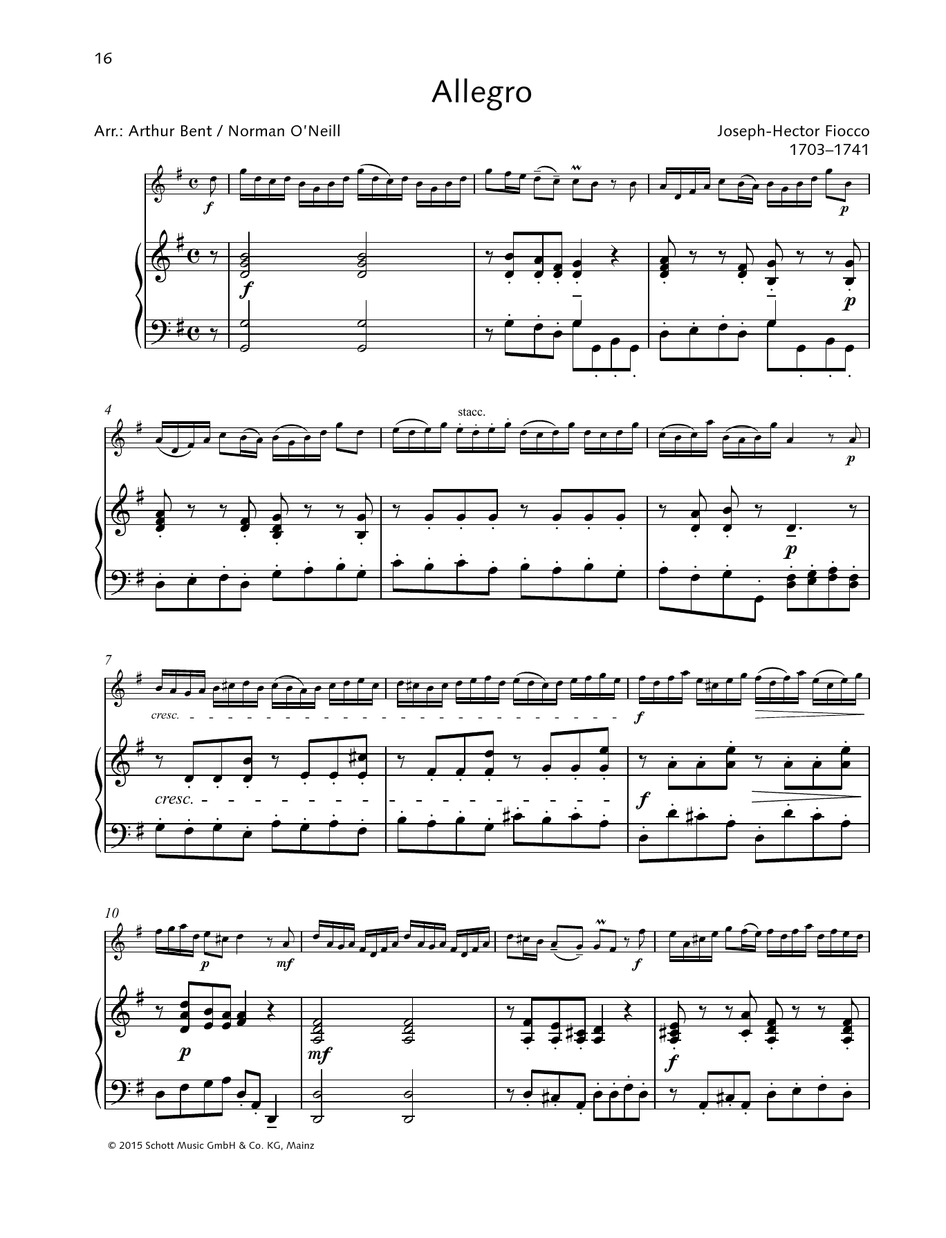Joseph-Hector Fiocco Allegro sheet music notes and chords arranged for String Solo