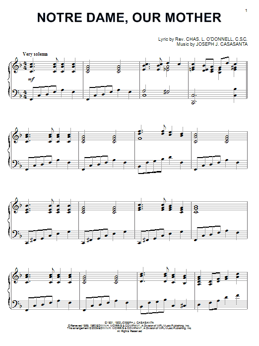 Joseph J. Casasanta Notre Dame, Our Mother sheet music notes and chords arranged for Piano Solo