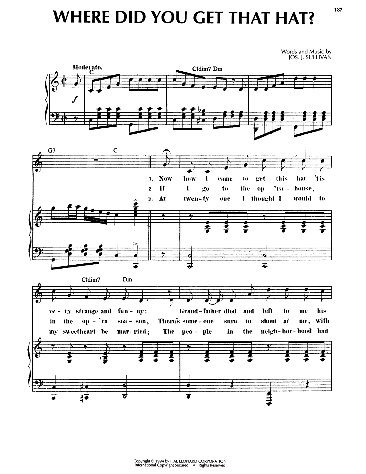 Joseph J. Sullivan Where Did You Get That Hat? sheet music notes and chords arranged for Piano, Vocal & Guitar Chords (Right-Hand Melody)