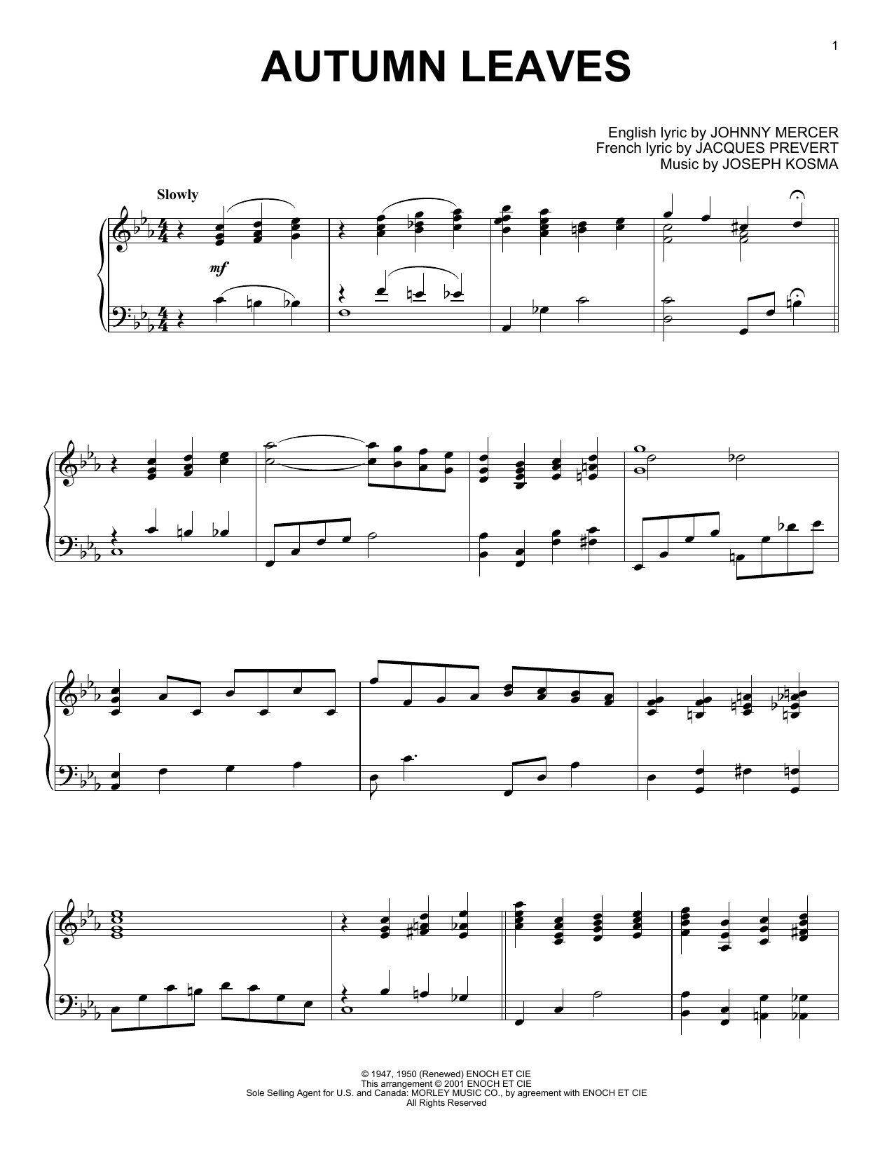 Joseph Kosma Autumn Leaves (arr. Al Lerner) sheet music notes and chords arranged for Piano Solo