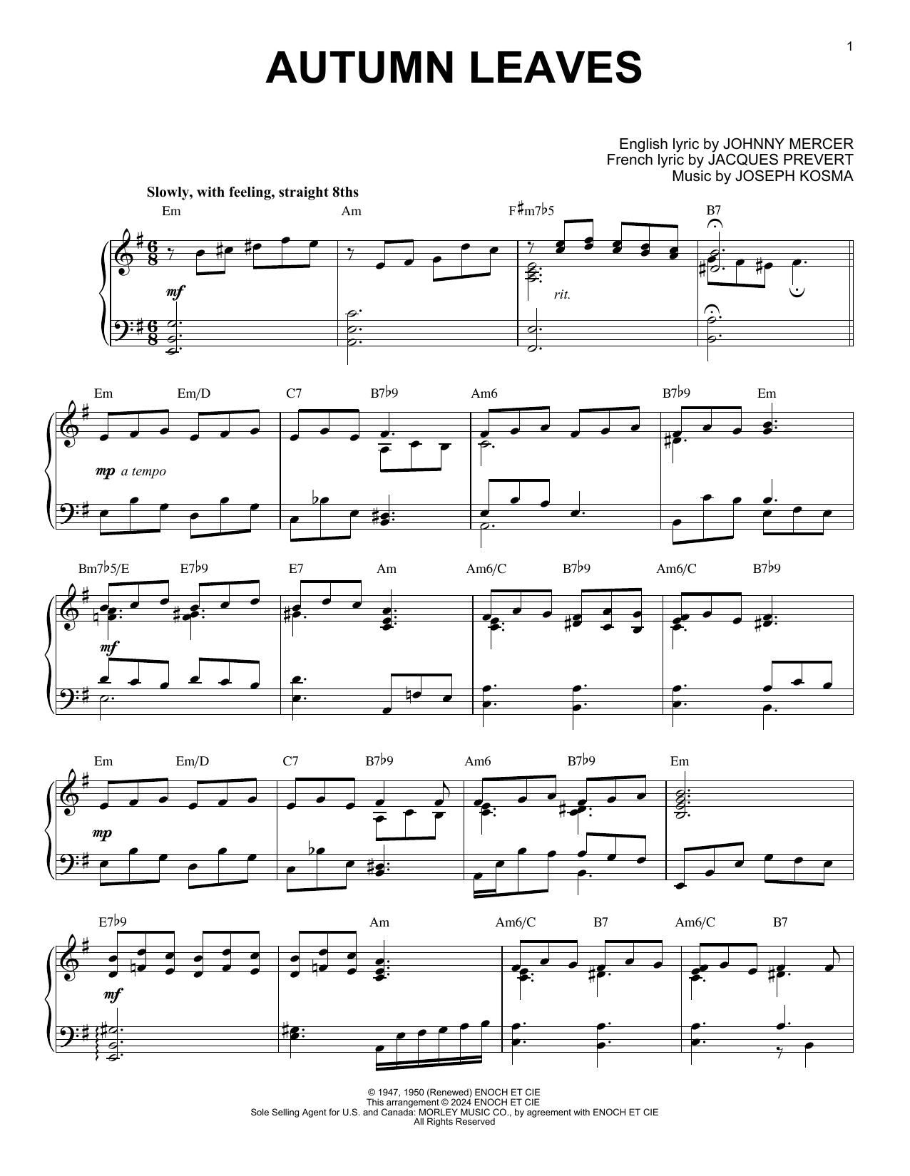 Joseph Kosma Autumn Leaves (arr. Brent Edstrom) sheet music notes and chords arranged for Piano Solo
