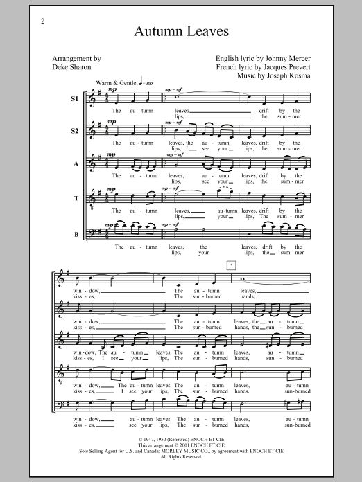 Joseph Kosma Autumn Leaves (arr. Deke Sharon) sheet music notes and chords arranged for SSATB Choir