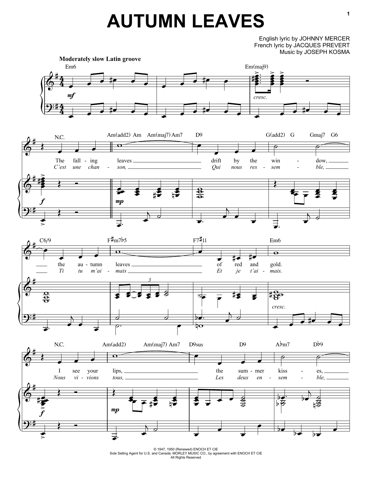 Joseph Kosma Autumn Leaves [Jazz version] (arr. Brent Edstrom) sheet music notes and chords arranged for Piano & Vocal