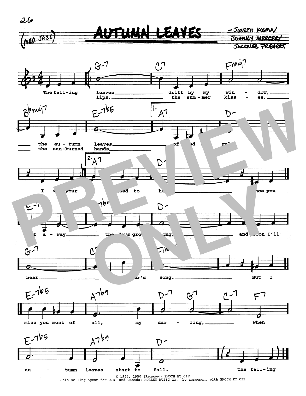 Joseph Kosma Autumn Leaves (Low Voice) sheet music notes and chords arranged for Real Book – Melody, Lyrics & Chords
