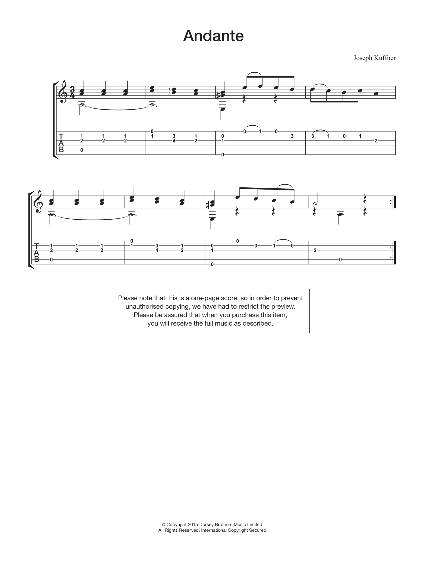 Joseph Kuffner Andante sheet music notes and chords arranged for Easy Guitar
