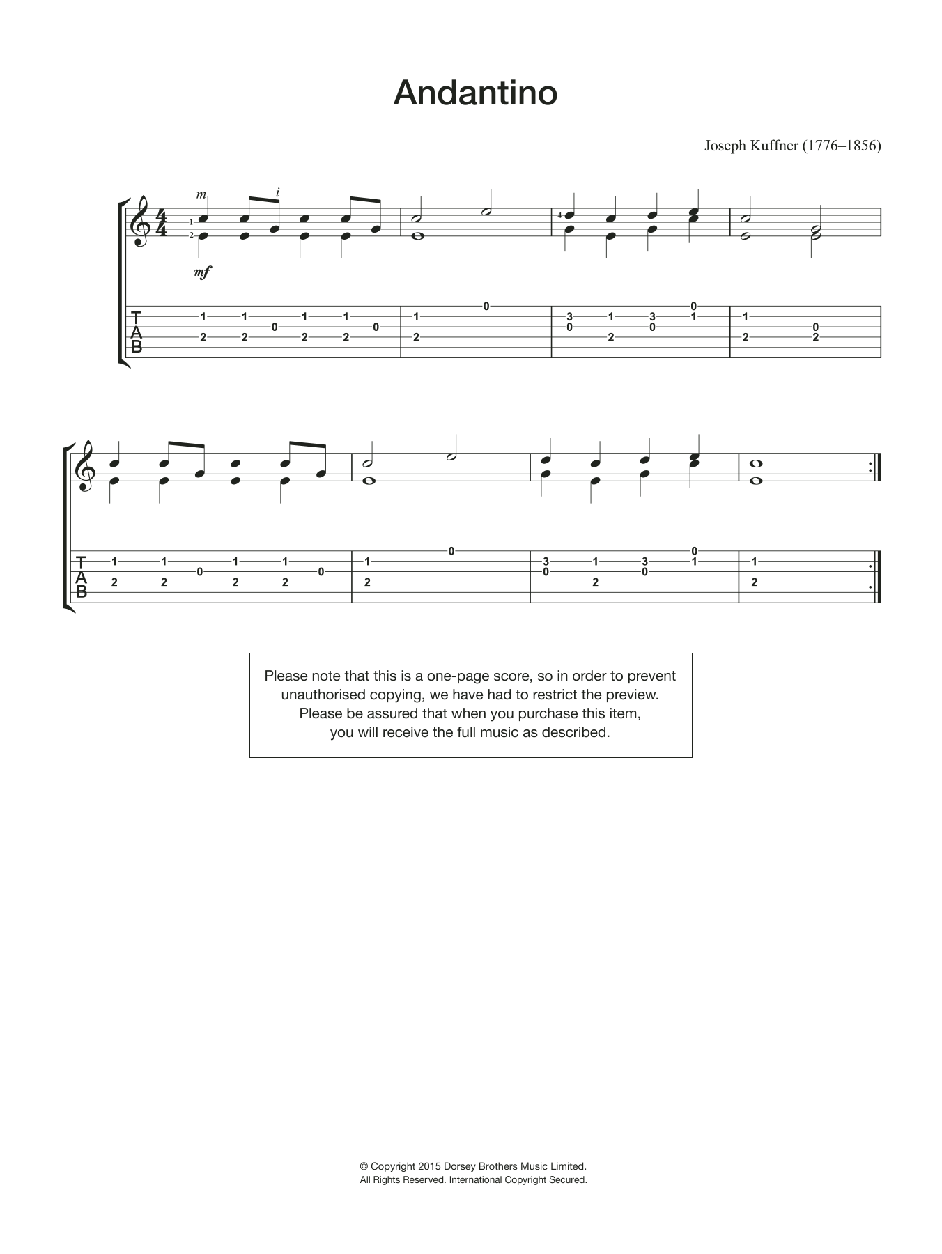 Joseph Kuffner Andantino sheet music notes and chords arranged for Easy Guitar