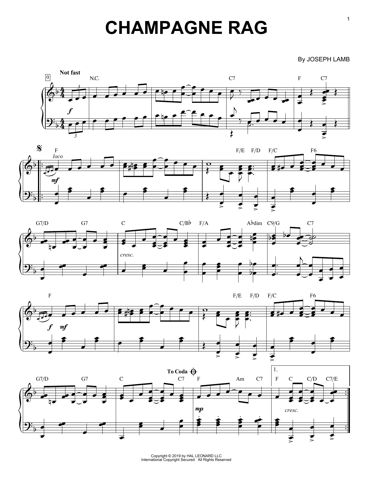 Joseph Lamb Champagne Rag [Jazz version] sheet music notes and chords arranged for Piano Solo