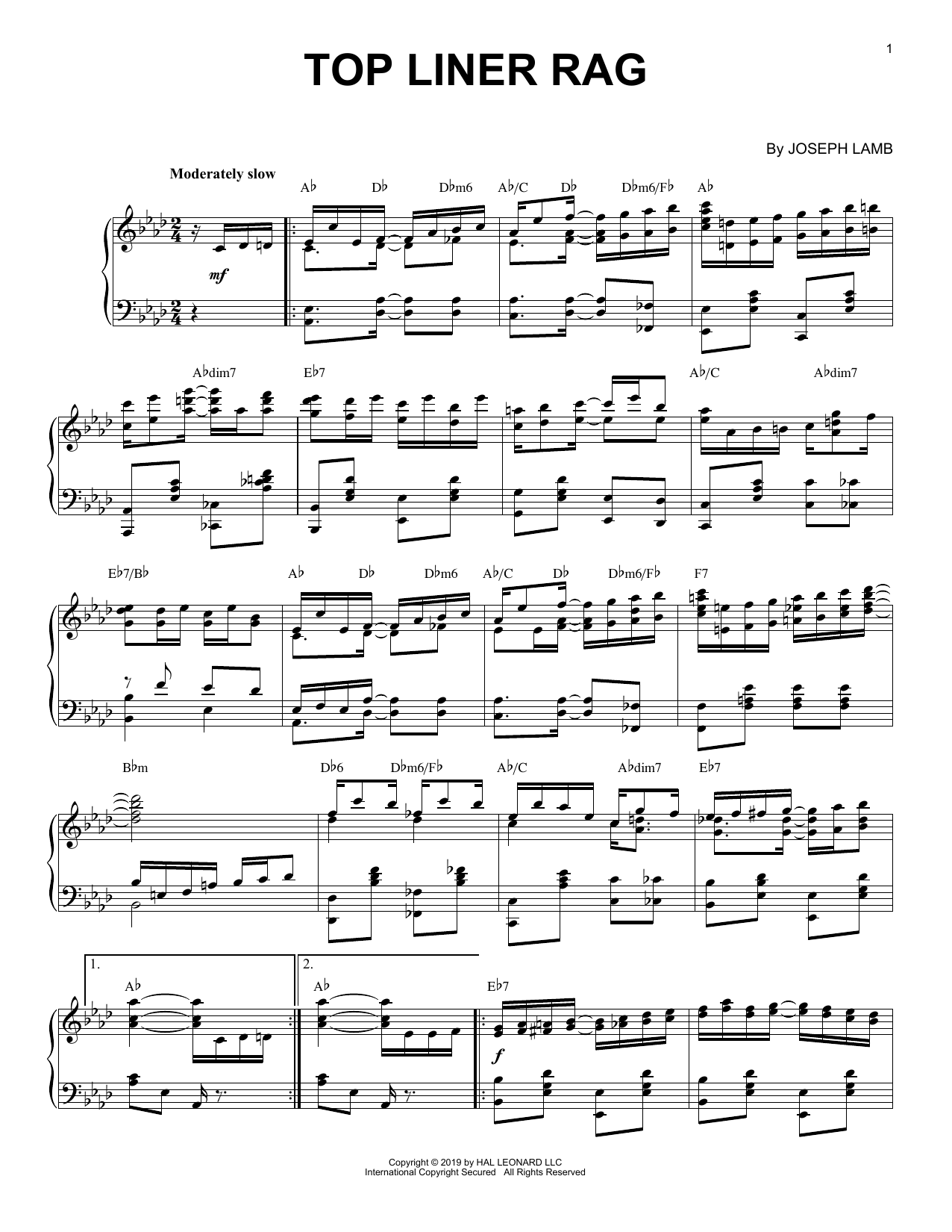 Joseph Lamb Top Liner Rag [Jazz version] sheet music notes and chords arranged for Piano Solo