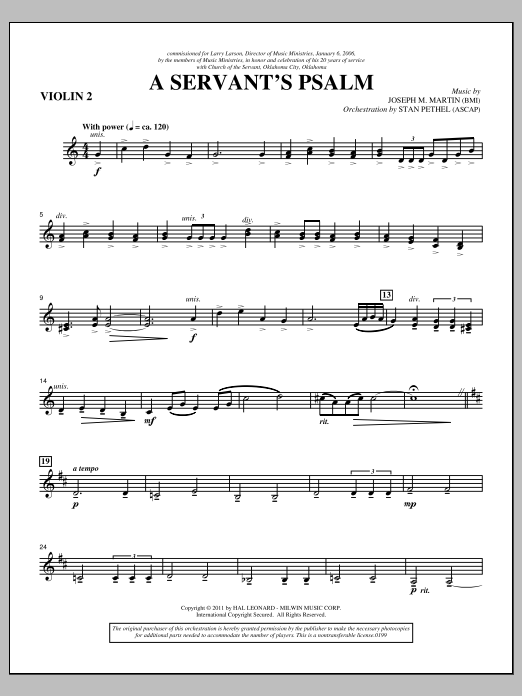 Joseph M. Martin A Servant's Psalm - Violin 2 sheet music notes and chords arranged for Choir Instrumental Pak