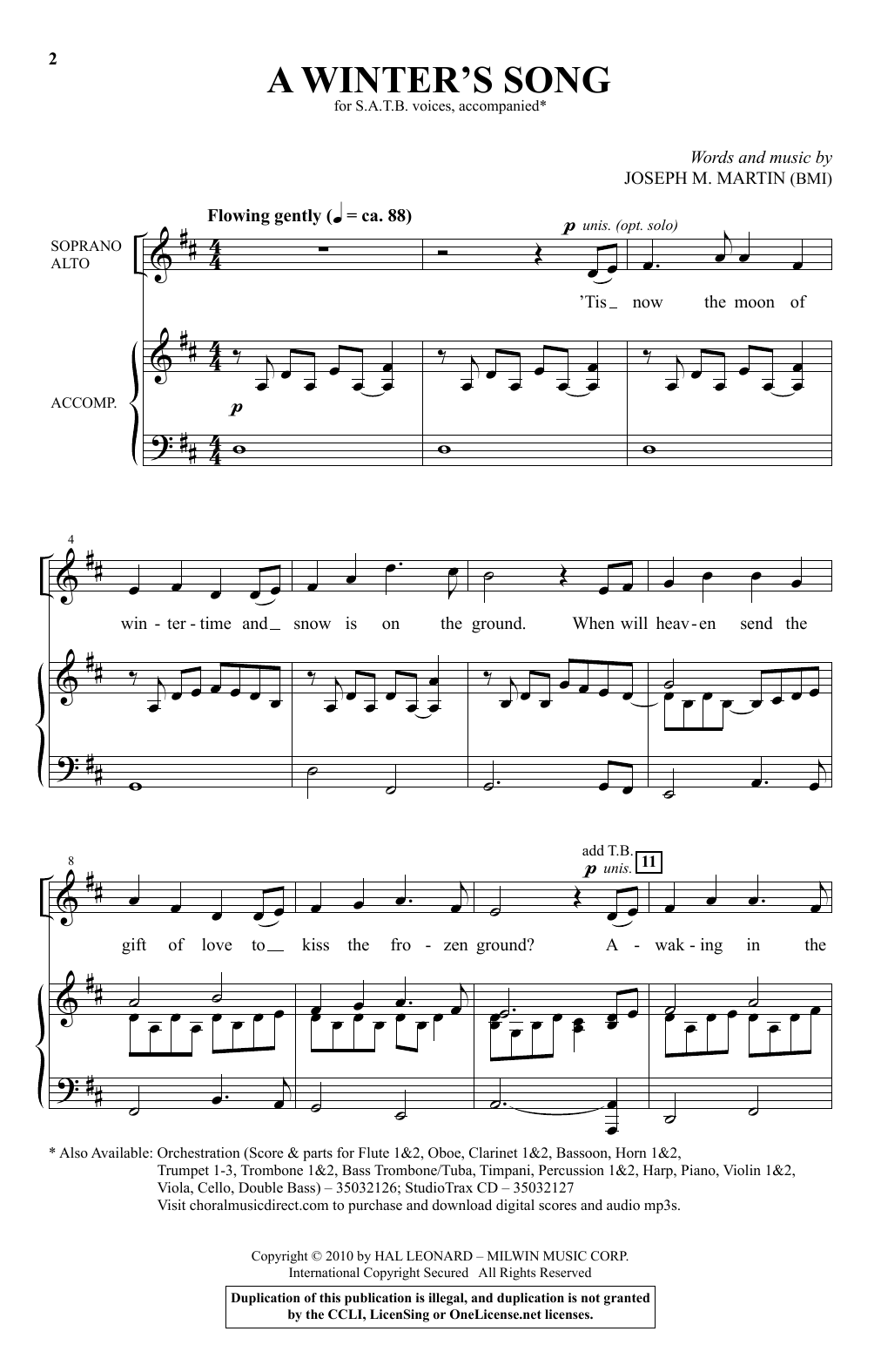 Joseph M. Martin A Winter's Song (from Winter's Grace) sheet music notes and chords arranged for SATB Choir