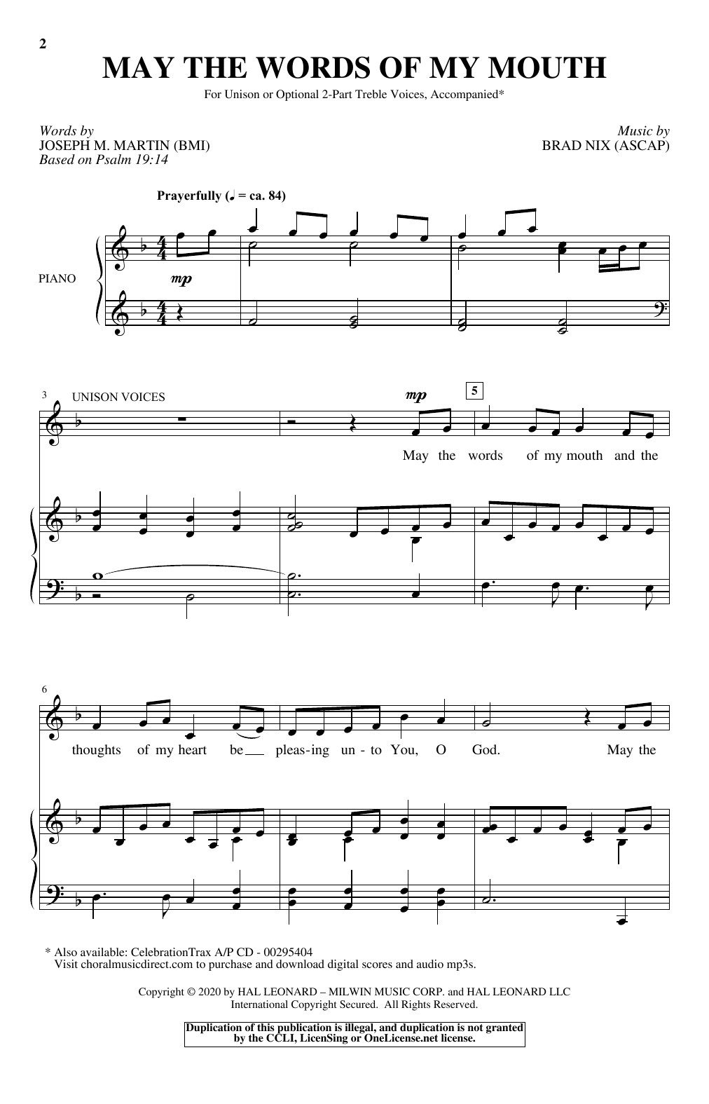 Joseph M. Martin and Brad Nix May The Words Of My Mouth sheet music notes and chords arranged for Unison Choir
