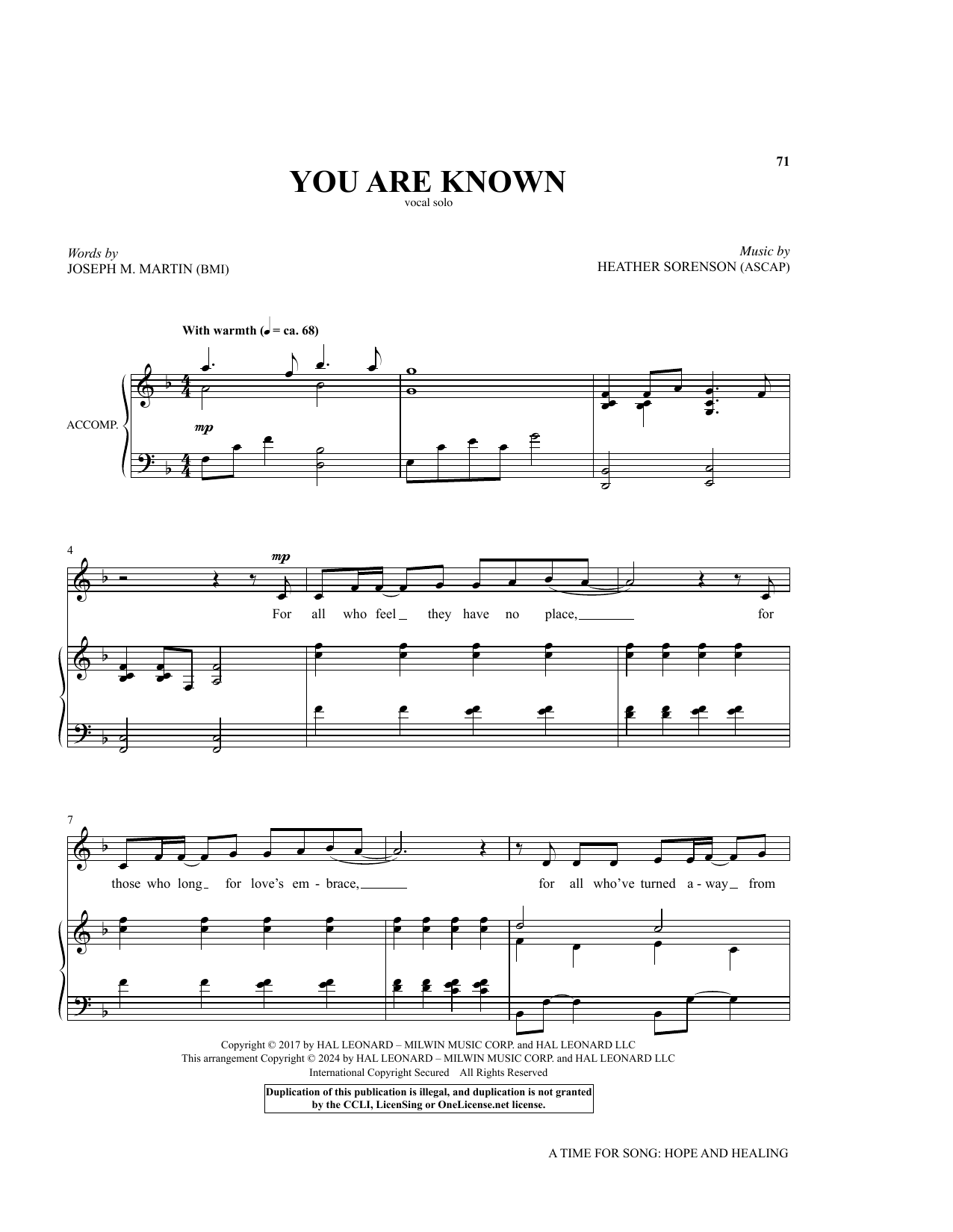 Joseph M. Martin and Heather Sorenson You Are Known sheet music notes and chords arranged for Piano & Vocal