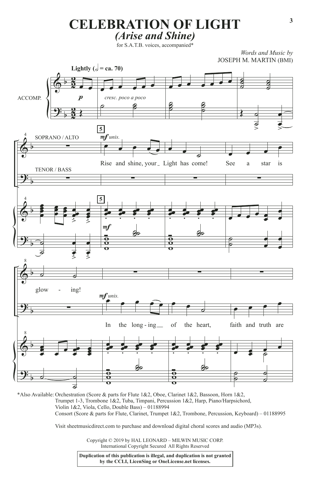 Joseph M. Martin Celebration Of Light (Arise And Shine) sheet music notes and chords arranged for SATB Choir