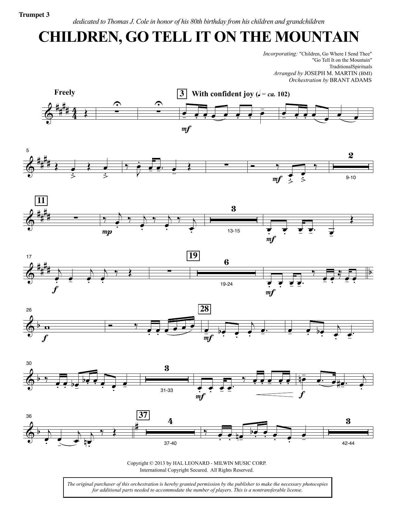 Joseph M. Martin Children, Go Tell It on the Mountain - Bb Trumpet 3 sheet music notes and chords arranged for Choir Instrumental Pak
