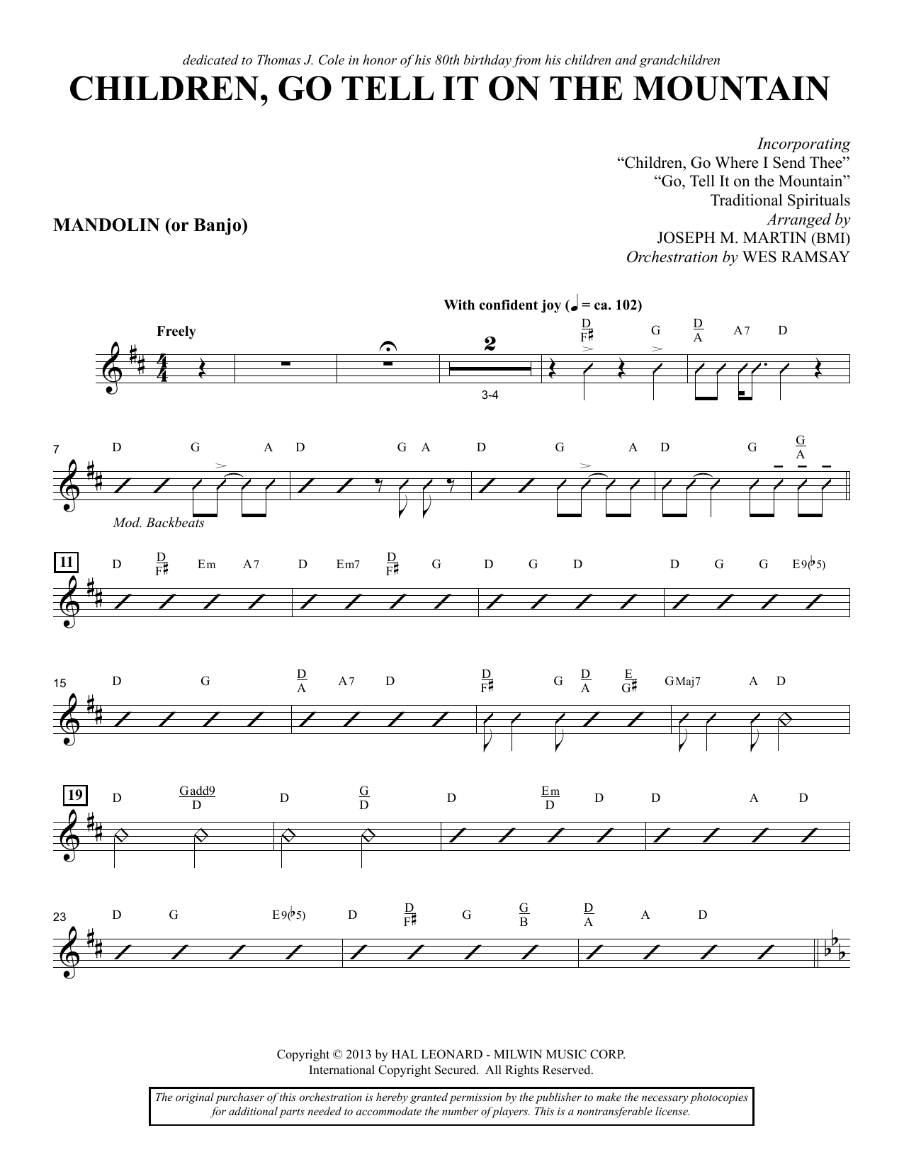 Joseph M. Martin Children, Go Tell It on the Mountain - Mandolin/Banjo sheet music notes and chords arranged for Choir Instrumental Pak