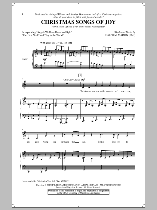 Joseph M. Martin Christmas Songs Of Joy sheet music notes and chords arranged for 2-Part Choir