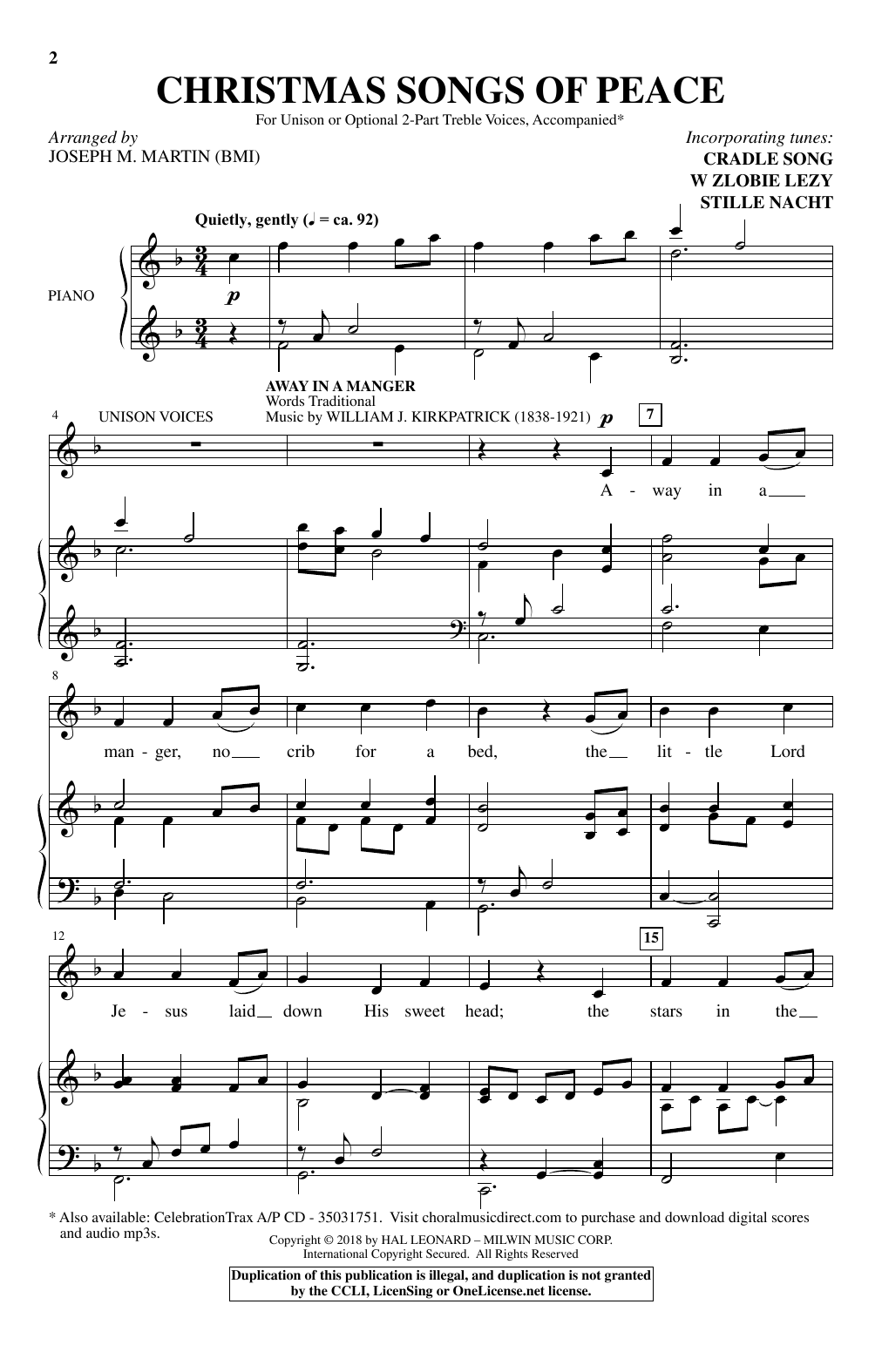 Joseph M. Martin Christmas Songs Of Peace sheet music notes and chords arranged for Unison Choir