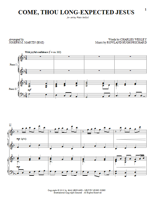 Joseph M. Martin Come, Thou Long-Expected Jesus sheet music notes and chords arranged for Piano Duet