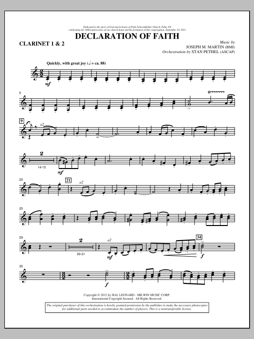 Joseph M. Martin Declaration Of Faith - Bb Clarinet 1,2 sheet music notes and chords arranged for Choir Instrumental Pak