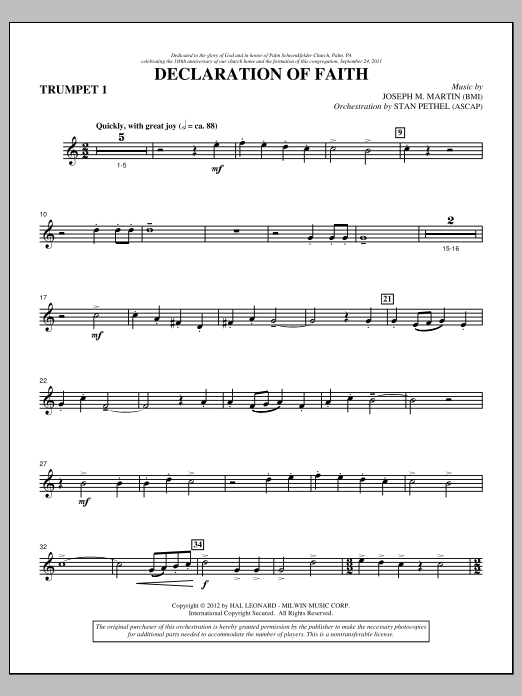 Joseph M. Martin Declaration Of Faith - Bb Trumpet 1 sheet music notes and chords arranged for Choir Instrumental Pak