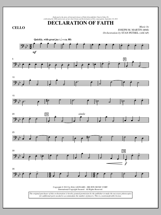 Joseph M. Martin Declaration Of Faith - Cello sheet music notes and chords arranged for Choir Instrumental Pak