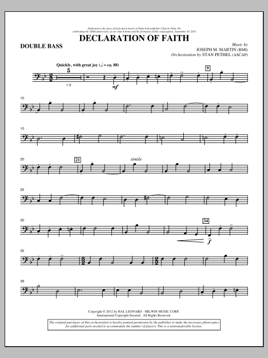 Joseph M. Martin Declaration Of Faith - Double Bass sheet music notes and chords arranged for Choir Instrumental Pak