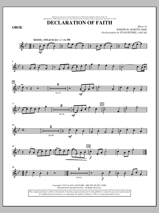 Joseph M. Martin Declaration Of Faith - Oboe sheet music notes and chords arranged for Choir Instrumental Pak