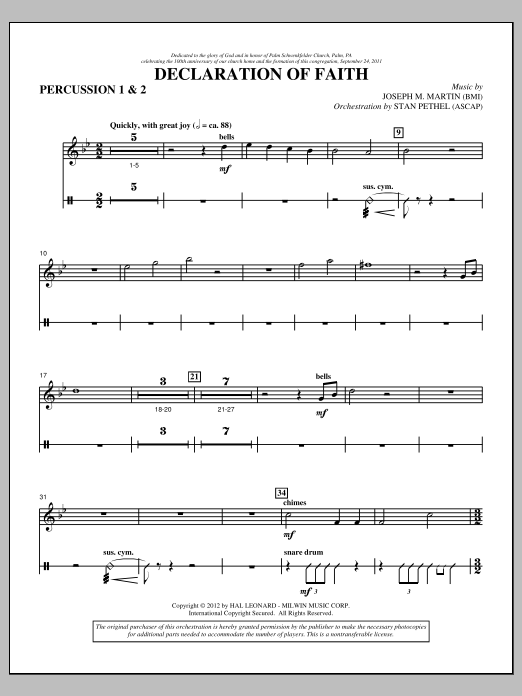 Joseph M. Martin Declaration Of Faith - Percussion 1 & 2 sheet music notes and chords arranged for Choir Instrumental Pak