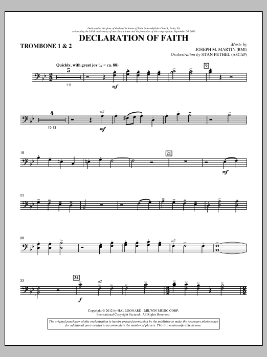 Joseph M. Martin Declaration Of Faith - Trombone 1 & 2 sheet music notes and chords arranged for Choir Instrumental Pak