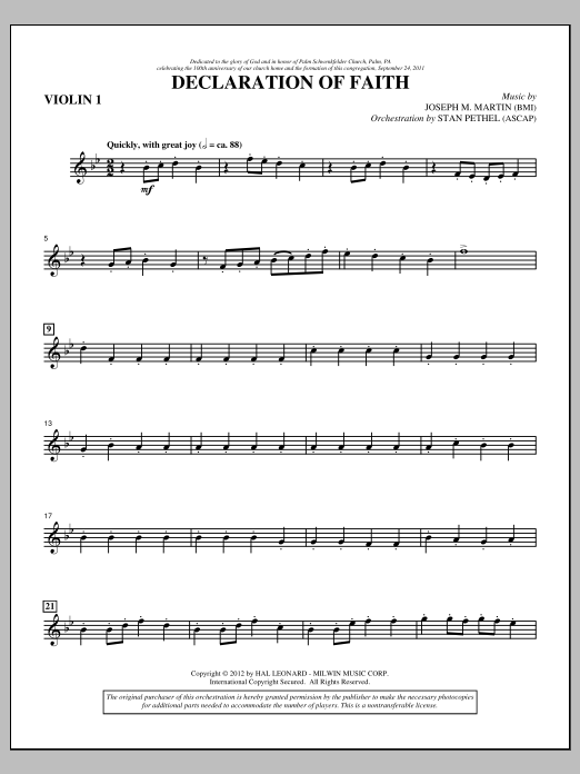 Joseph M. Martin Declaration Of Faith - Violin 1 sheet music notes and chords arranged for Choir Instrumental Pak