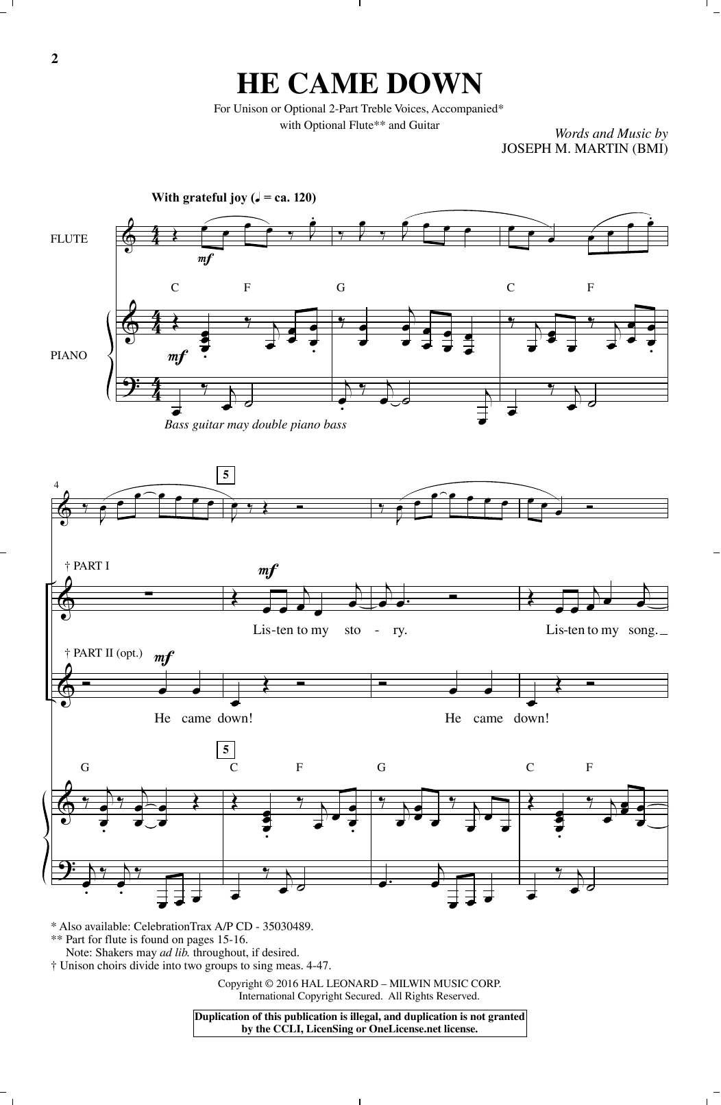 Joseph M. Martin He Came Down sheet music notes and chords arranged for 2-Part Choir