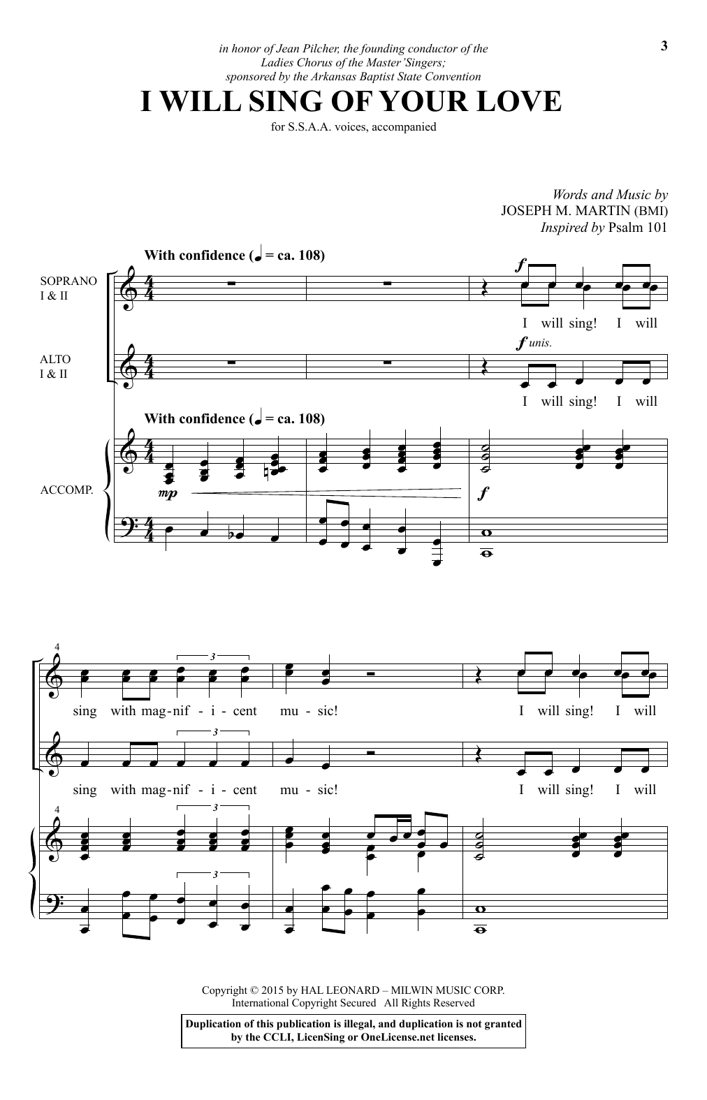 Joseph M. Martin I Will Sing Of Your Love sheet music notes and chords arranged for SSA Choir