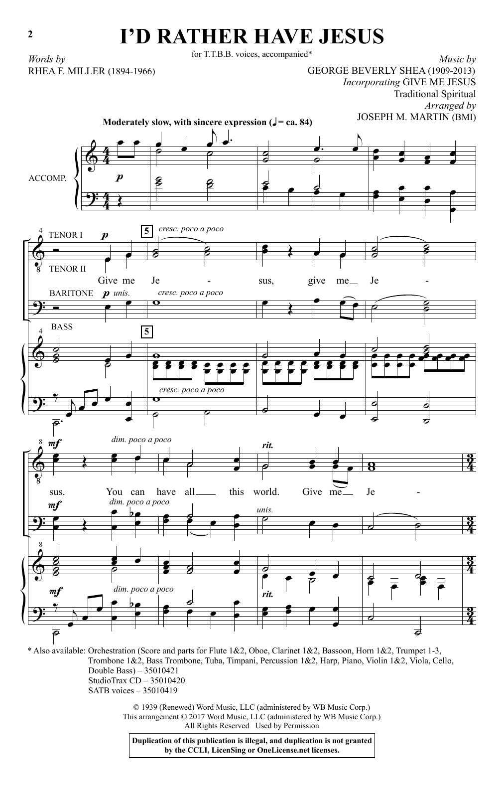 Joseph M. Martin I'd Rather Have Jesus sheet music notes and chords arranged for TTBB Choir