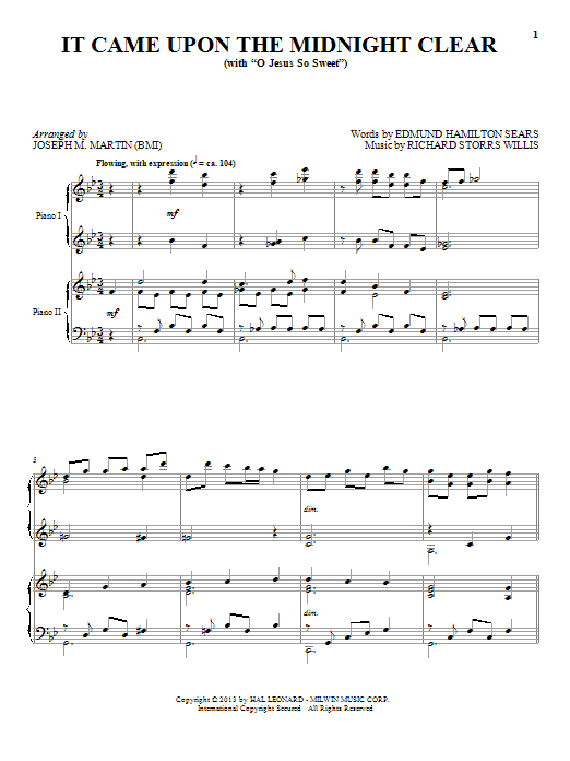 Joseph M. Martin It Came Upon The Midnight Clear sheet music notes and chords arranged for Piano Duet