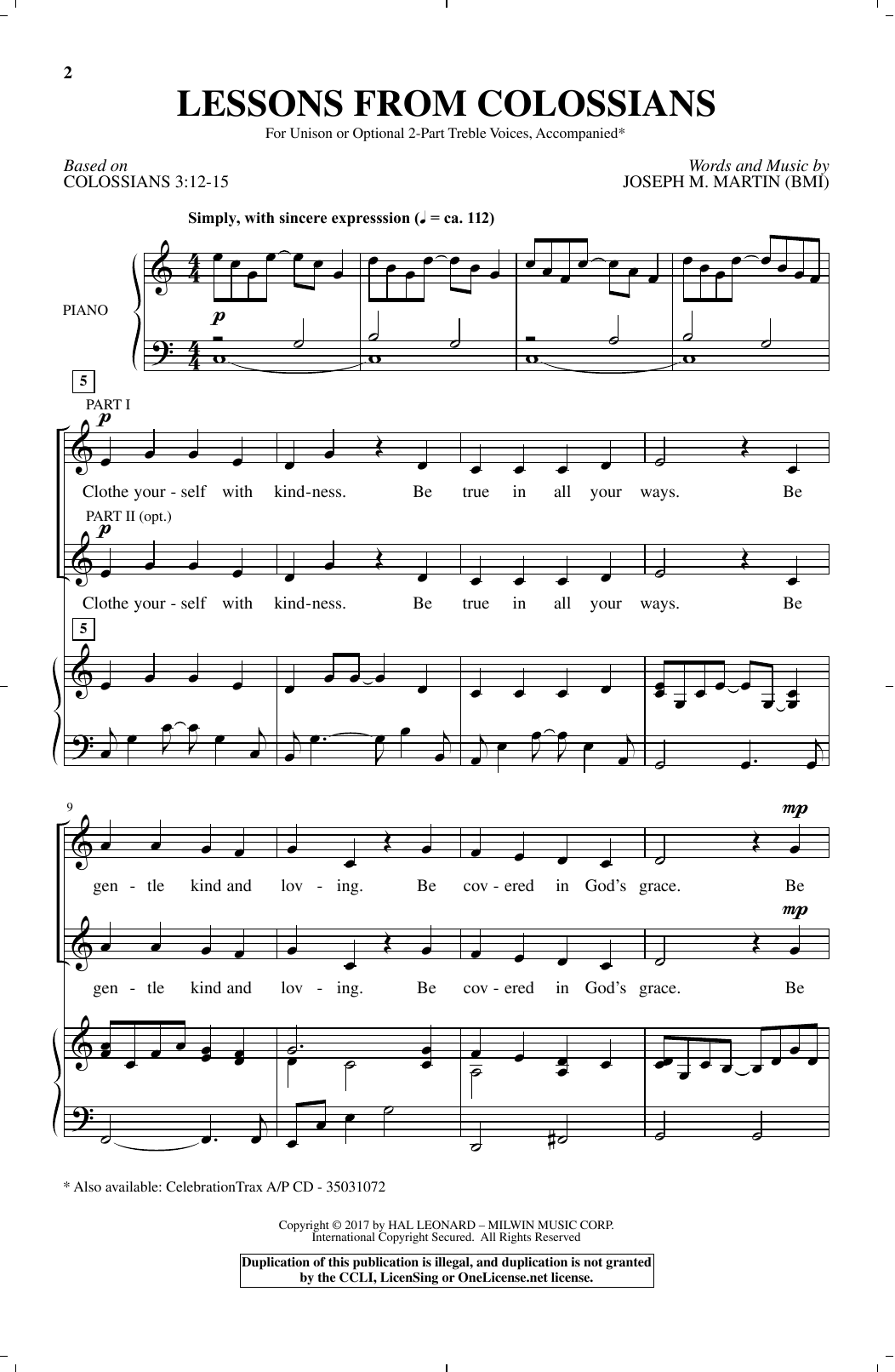 Joseph M. Martin Lessons From Colossians sheet music notes and chords arranged for Unison Choir