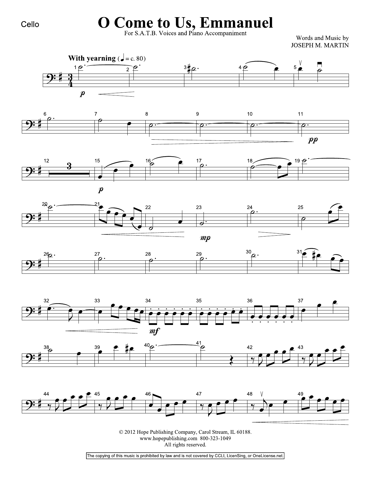 Joseph M. Martin O Come To Us, Emmanuel - Cello sheet music notes and chords arranged for Choir Instrumental Pak